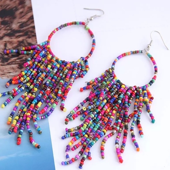 NEW Boho Multi Color Beaded Tassel Dangle 5" Summer Earrings - Great Gift - Picture 4 of 4